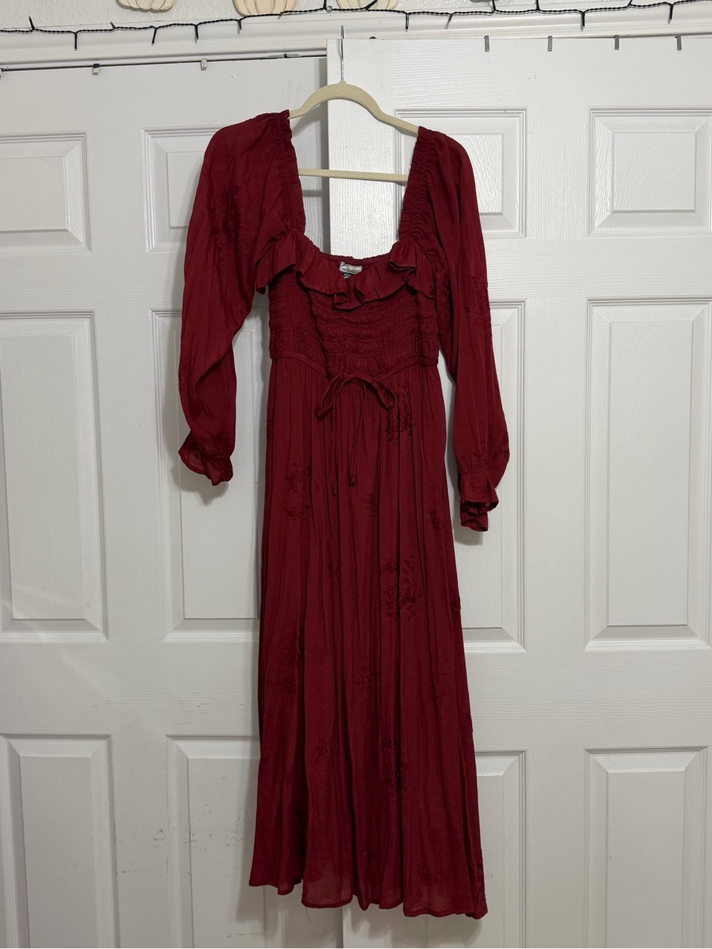 Women's Burgundy Maxi Dress with Ruffled Neckline and Smocked Waist